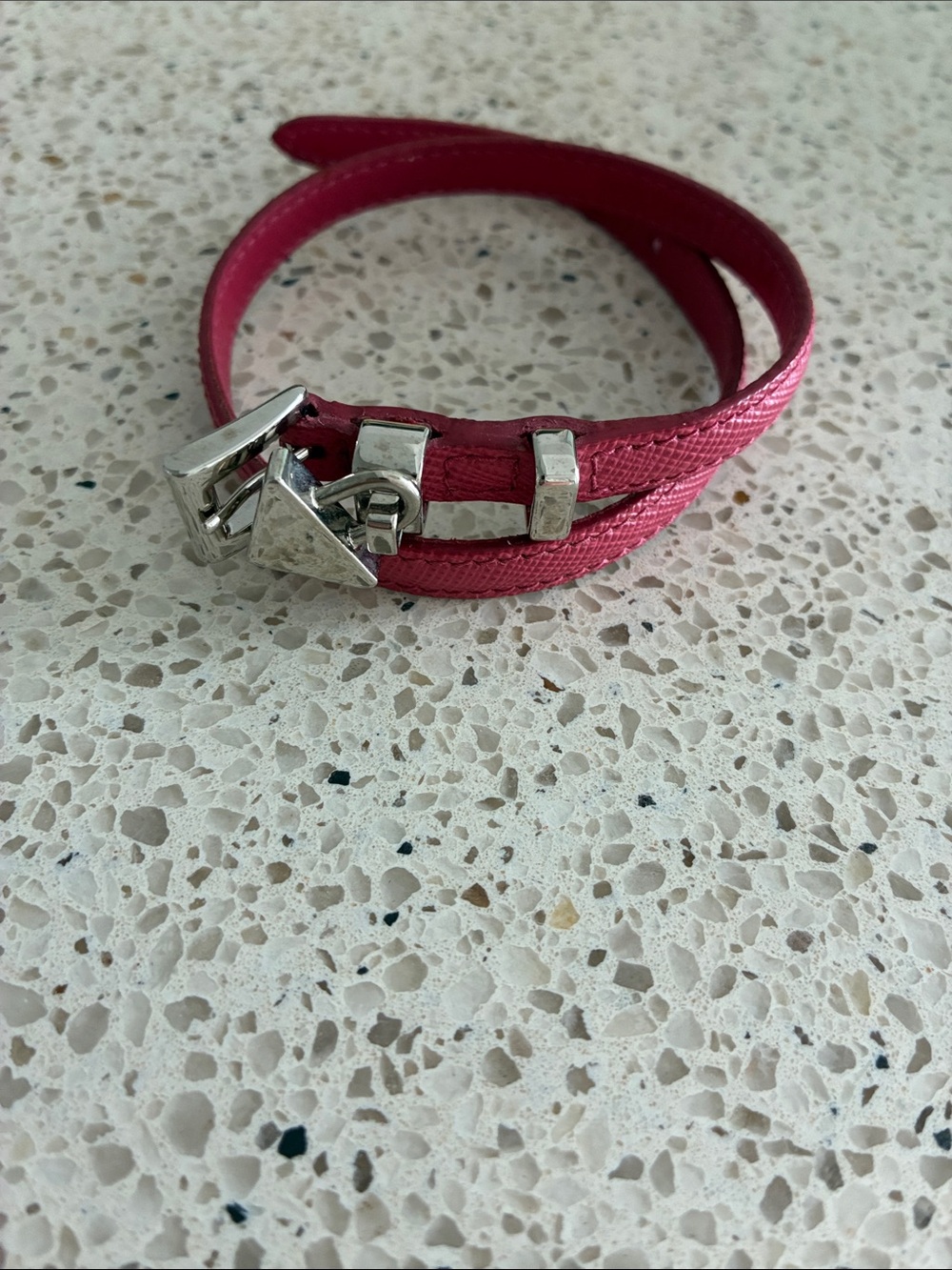 Prada Pink Double-Wrap Saffiano Leather Bracelet with Silver Hardware